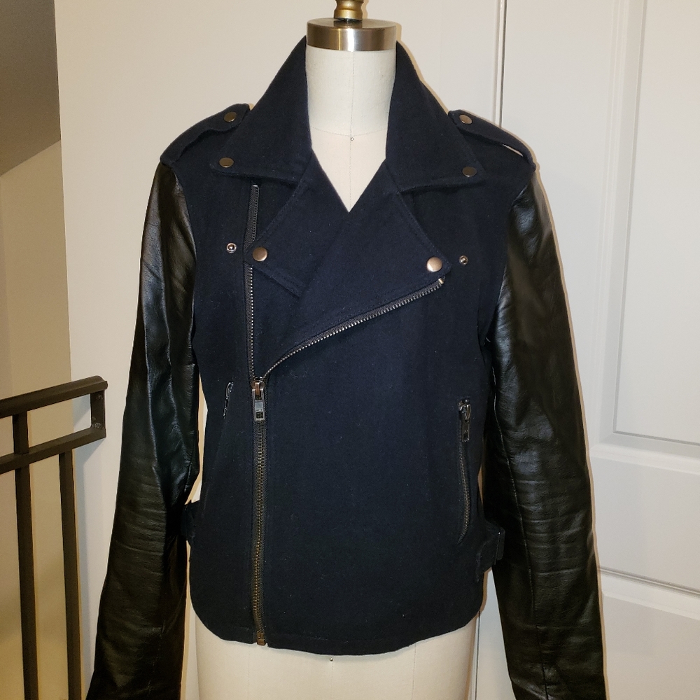 Motor style wool and faux leather biker jacket